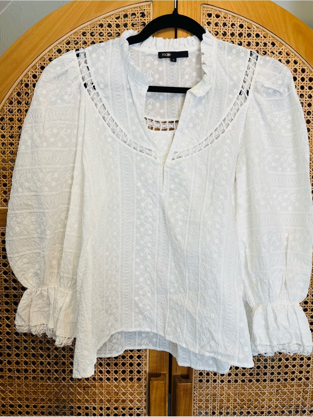 Maje White Eyelet Puff-Sleeve Cotton Blouse
